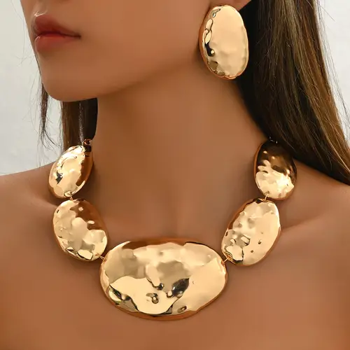 3pcs exaggerated necklace earrings womens jewelry set european and american creative irregular geometric oval size three dimensional round plate splicing design daily photography banquet gift versatile accessory set