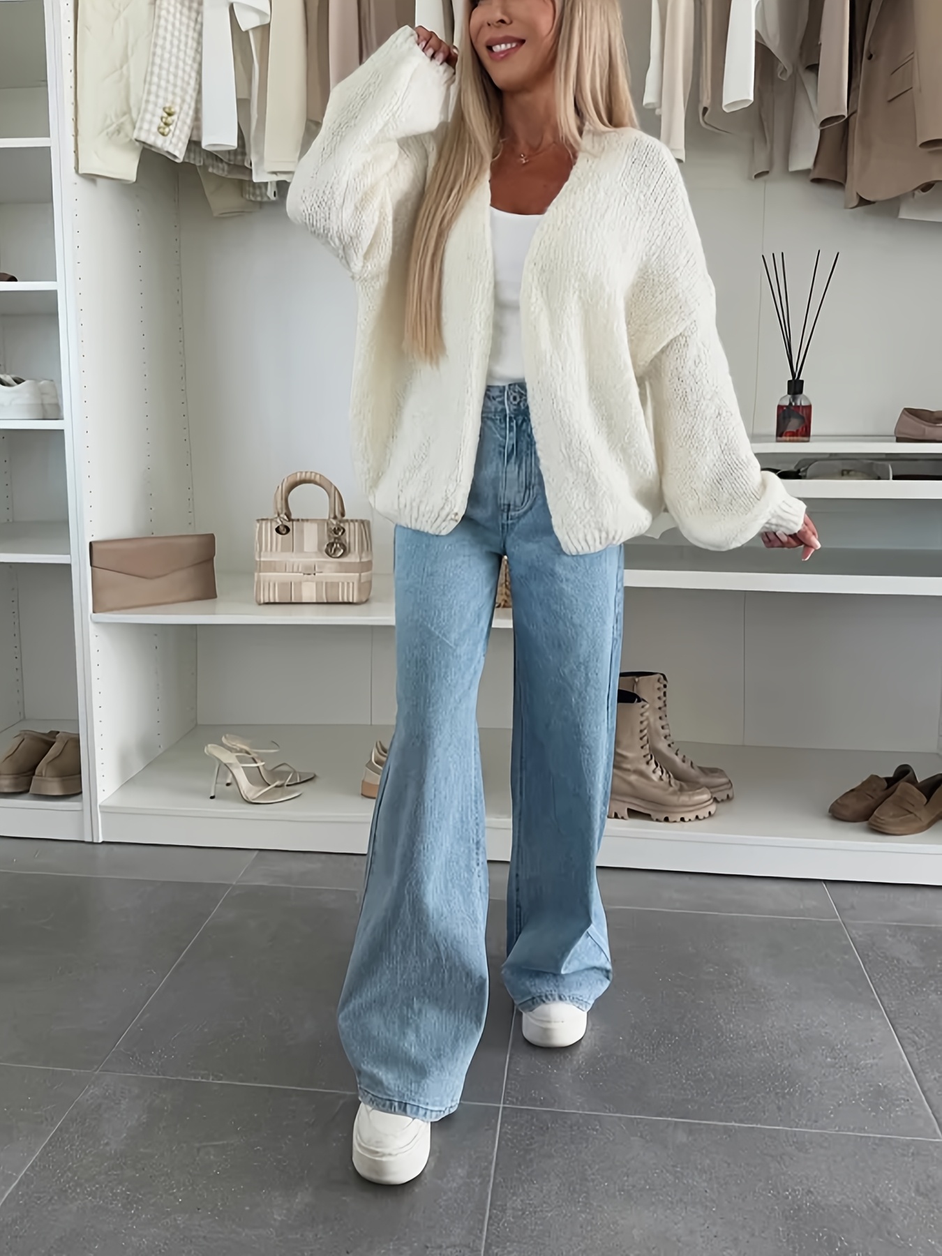 women's cozy white cardigan casual v neck long sleeve drop Temu