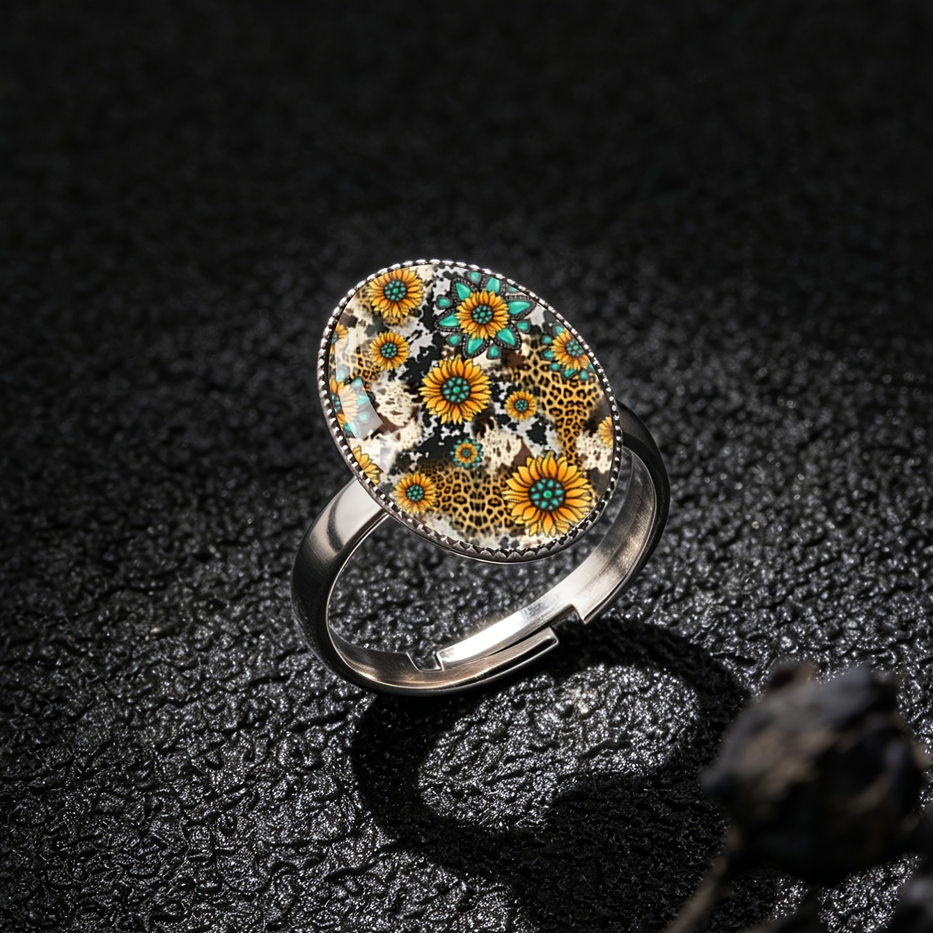 American Western Sunflower Leopard Print Stainless Steel Ring