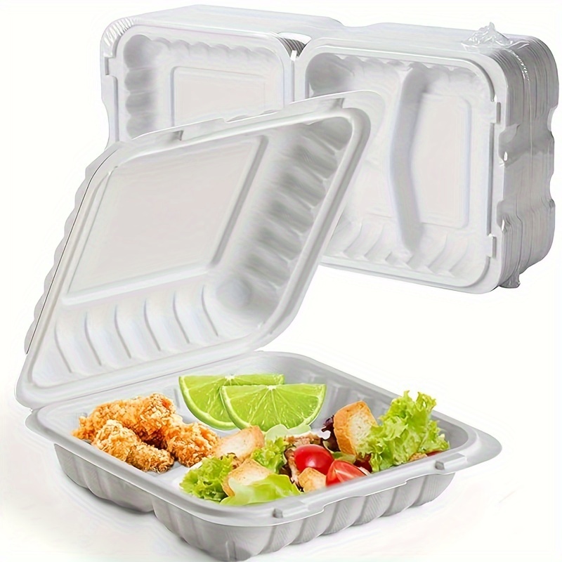 

Containers, Set Of 50 - 8" Plastic Food Containers With Lid Disposable 30oz Bpa-free, 3-compartment Heavy Duty Reusable Meal Prep White Containers