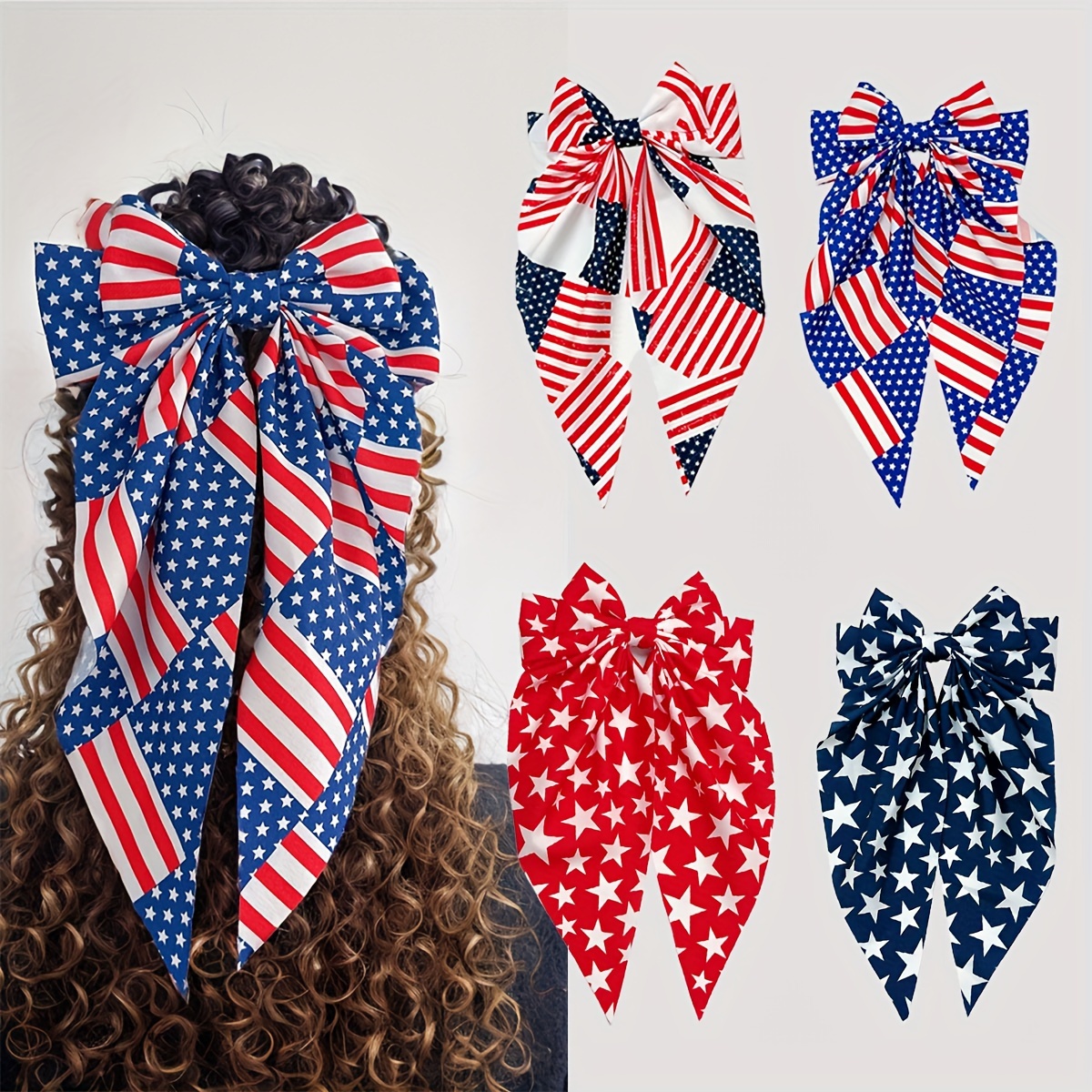 

2-piece Patriotic American Flag Bow Hair Clips - Red, White & Blue Independence Day Barrettes For Women And Girls
