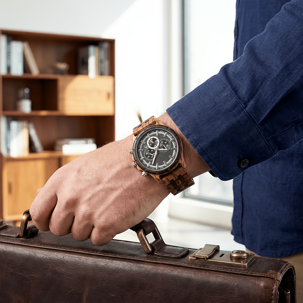 Image of Fashionable Multifunctional Wooden Men's Quartz Watch, Calendar Display, Chronograph, Best Unique Holiday Gift For , Father, Husband