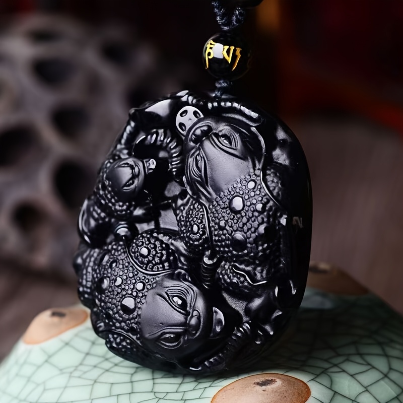 Exquisite Hand-Carved Obsidian Toad Pendant Necklace