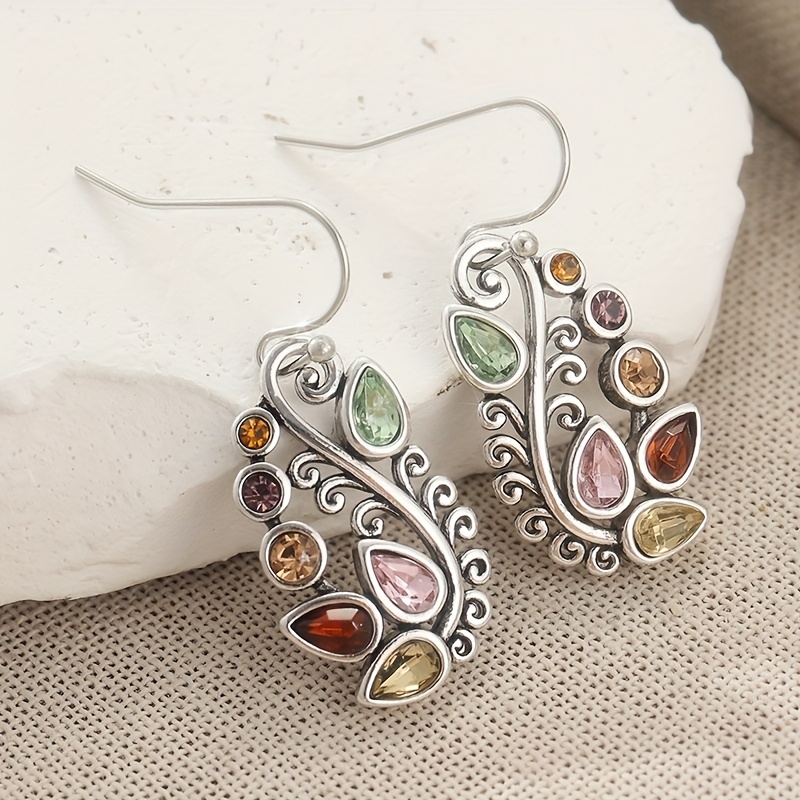 TEMU Vintage Teardrop Synthetic Colorful Cubic Zirconia Drop Dangle Earrings For Women - Ethnic Silvery Carved Plant Pattern Spiral Design, Copper