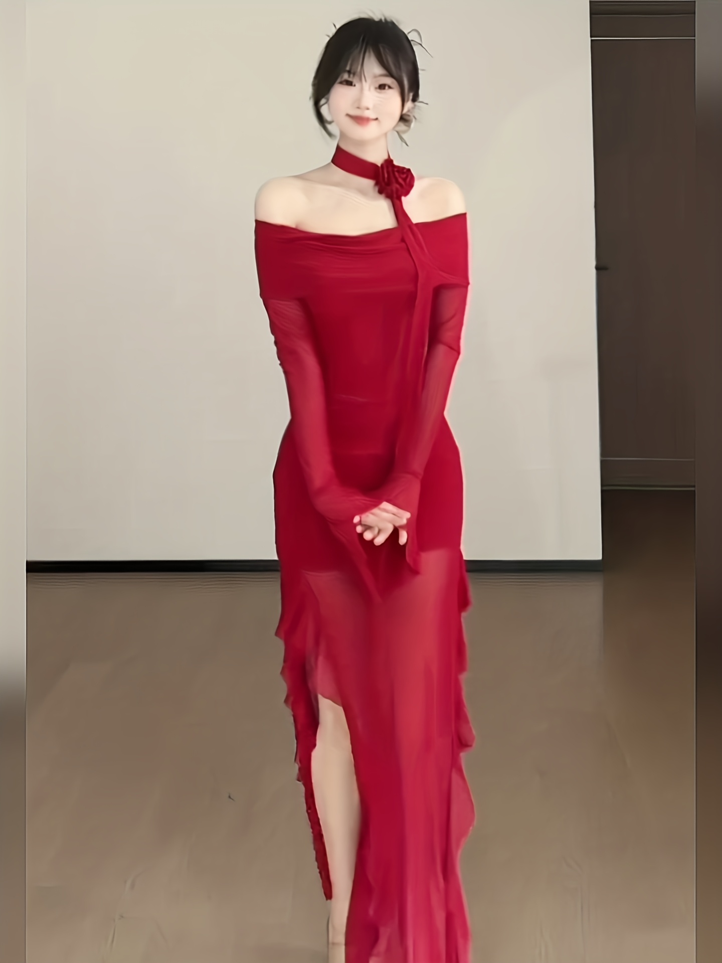A Stunning Red Mesh Off-Shoulder Long-Sleeve Dress for Women * Early Summer  Birthday Celebrations, Featuring a Stylish Slit And a Bodycon Fit