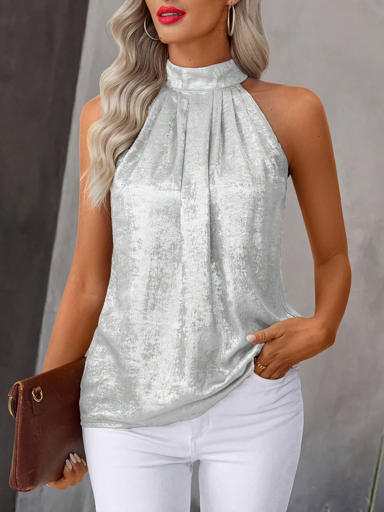 blusa sin mujer cuello diseño plisado plata Temu Argentina