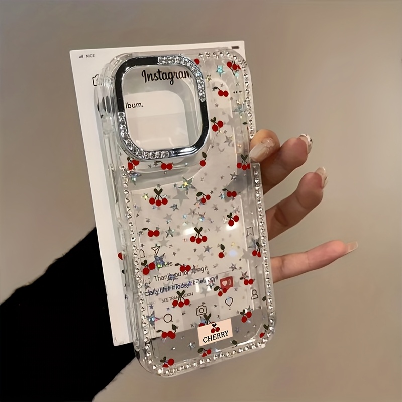 Full-Screen Cherry Phone Case, Large Hole Rhinestone Frame Stars, Suitable for iPhone 16 Pro Max 15 Plus 14 12 11 Protective Cover, Christmas Gift, New Year's Gift, Easter Gift, Halloween Gift, for Friends and Family