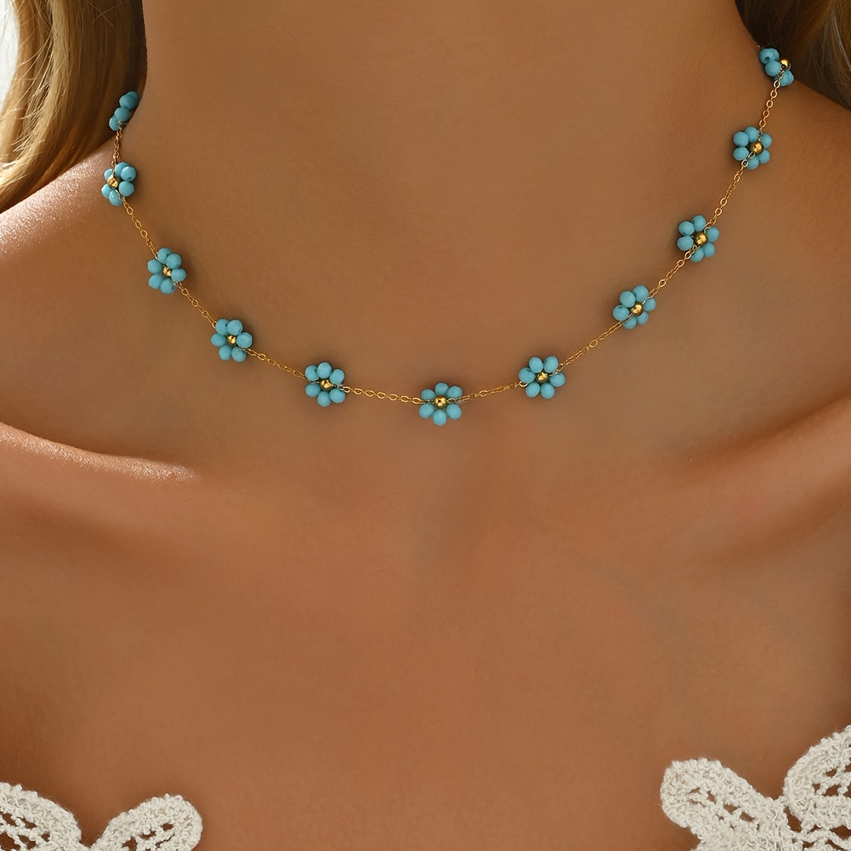 TEMU 1pc 1pcs Bohemian Blue Flower Necklace - Petal Pendant Suitable For Any Occasion, Gift For Parties, Daily Wear, Versatile Accessory For Events,