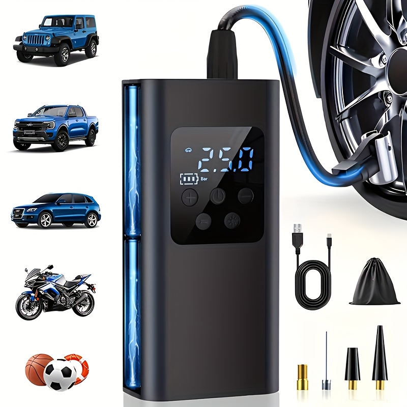 a portable air compressor with   display this tire inflator is mini and wireless featuring a rechargeable battery and led light its   inflating tires on cars motorcycles bicycles