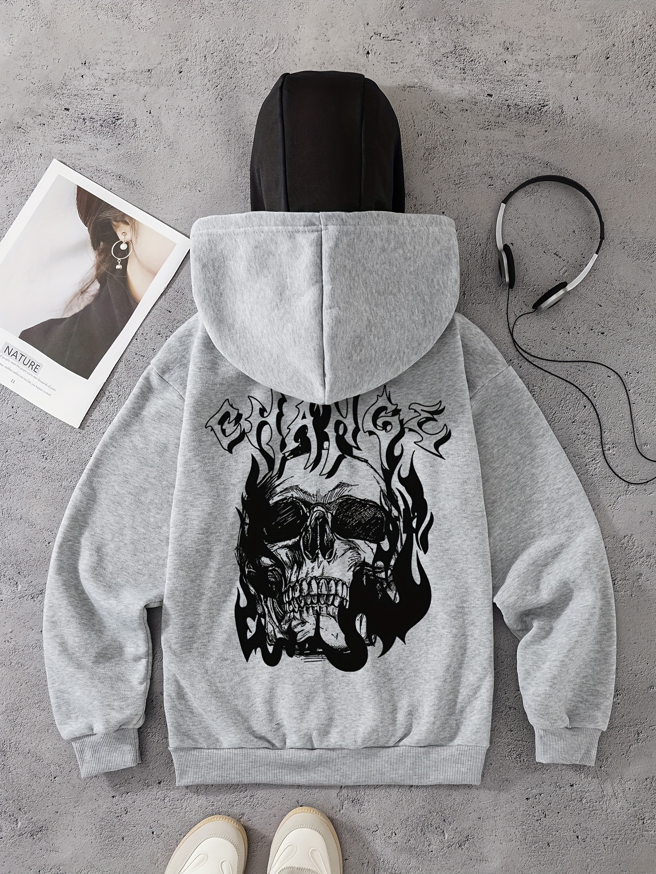 PPFM - balaclava hoodie skull 原宿 y2k womens stylish skull print balaclava hoodie black graphic