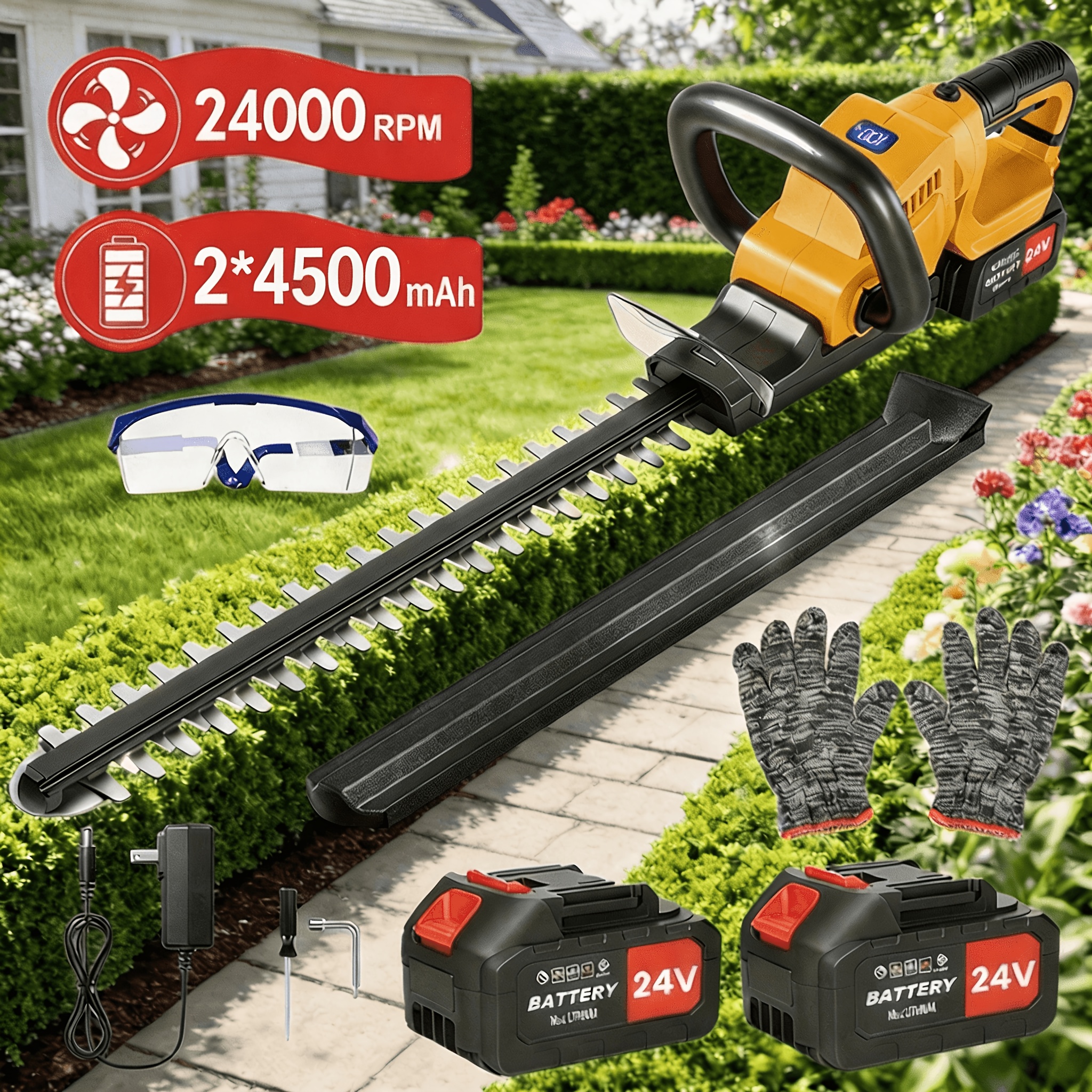 item picture 24v cordless hedge trimmer 22 inch electric hedge cutter with 24000rpm 65mn steel blade 180 adjustable head 2 pack 4500mah batteries battery power indicator safety lock for garden yard lawn trimming ideal gift for    