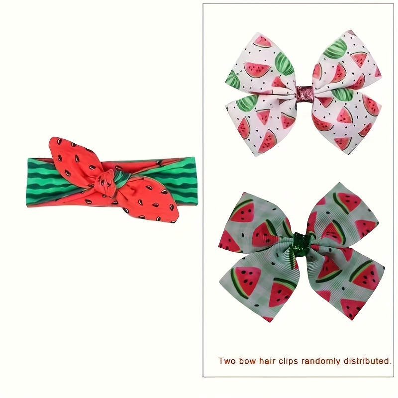 Random 2pcs/set 1pc Watermelon Print Rabbit Ear Knot Headband+1pc Watermelon Print Bow Hair Clip Suitable For Hair Accessories Set