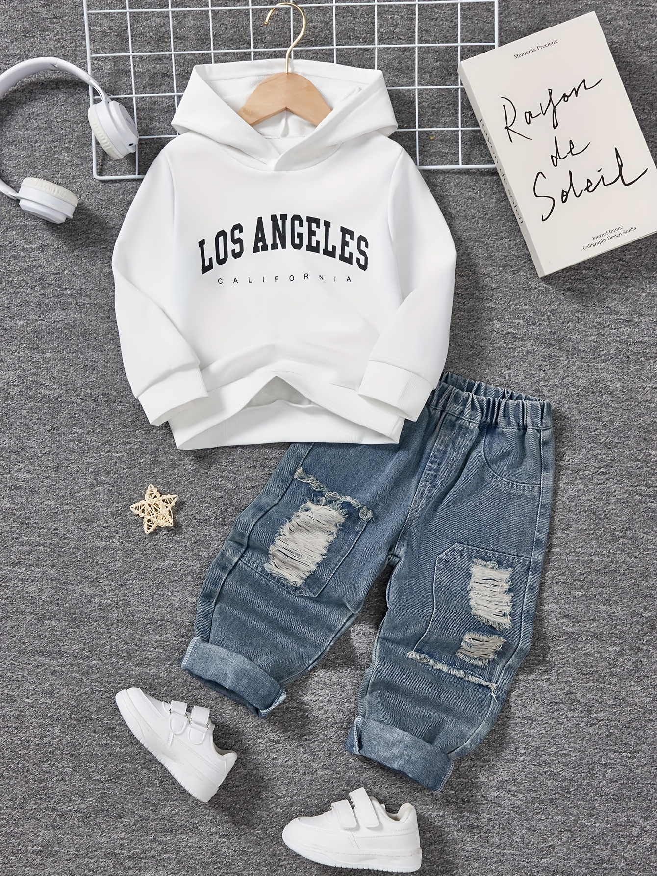 Boys Casual Alphabet Print Hoodie and Ripped Jeans Set