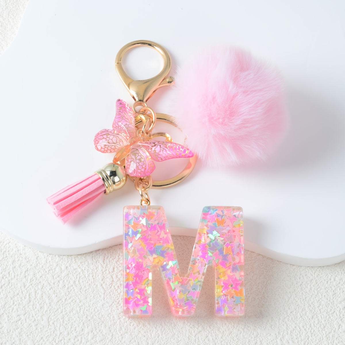 TEMU 1pc Pink Y2k Women's Initial Keychain Fashionable Cute Resin Sequins A-z Letter Plush Ball Keychain Backpack Handbag Mother's Day Anniversary