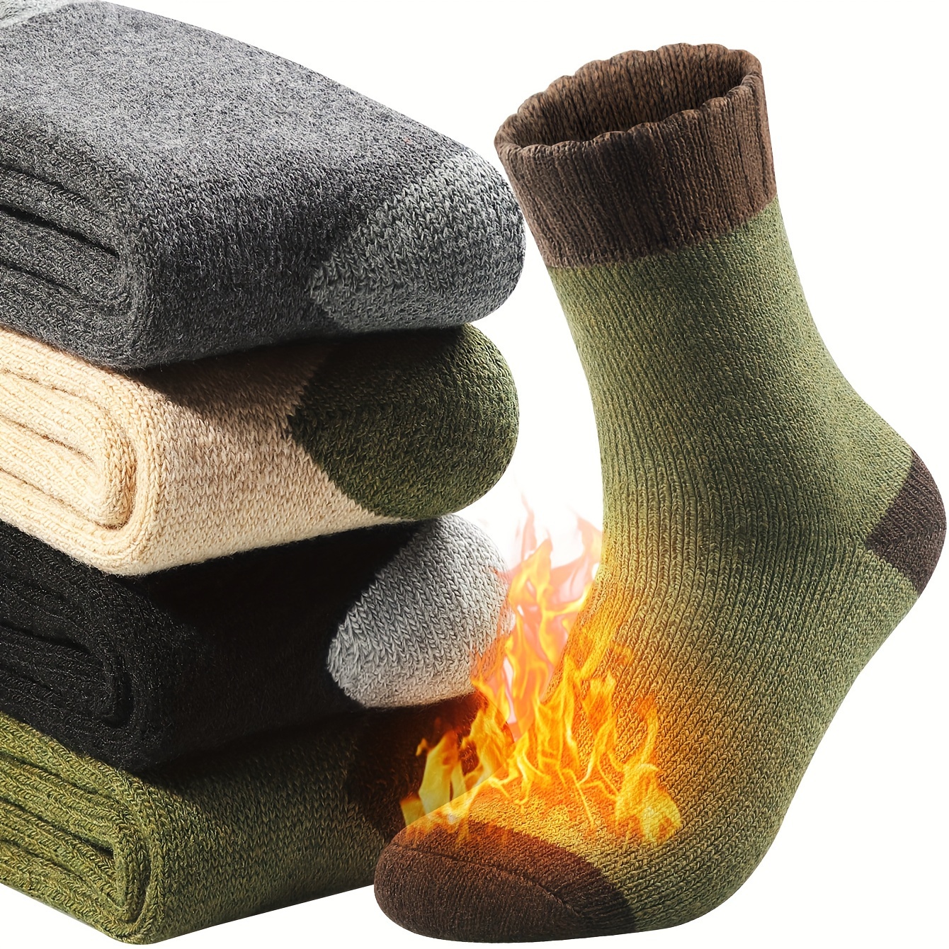 

4 Pairs Men's Warm Wool Socks - Cozy Color , Ribbed Cuffs, Thick Knit For Cold Weather, Autumn & Winter (gray, Black, Beige, Olive Green), Cute Socks