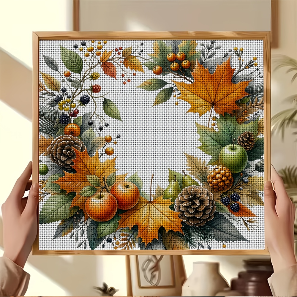 New Cross Stitch Printed Kit, "Autumn Fruit Leaf Wreath" Pattern