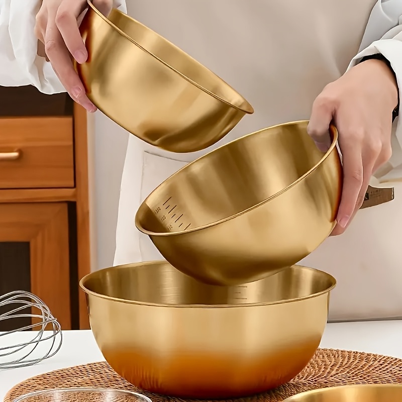 

3pcs Golden Stainless Steel Mixing Bowls Set With Measurements - Rust-resistant, Non-slip, Kitchen For Mixing And Prep, Easy To Clean, Dishwasher Safe, Ideal For Baking And Holidays