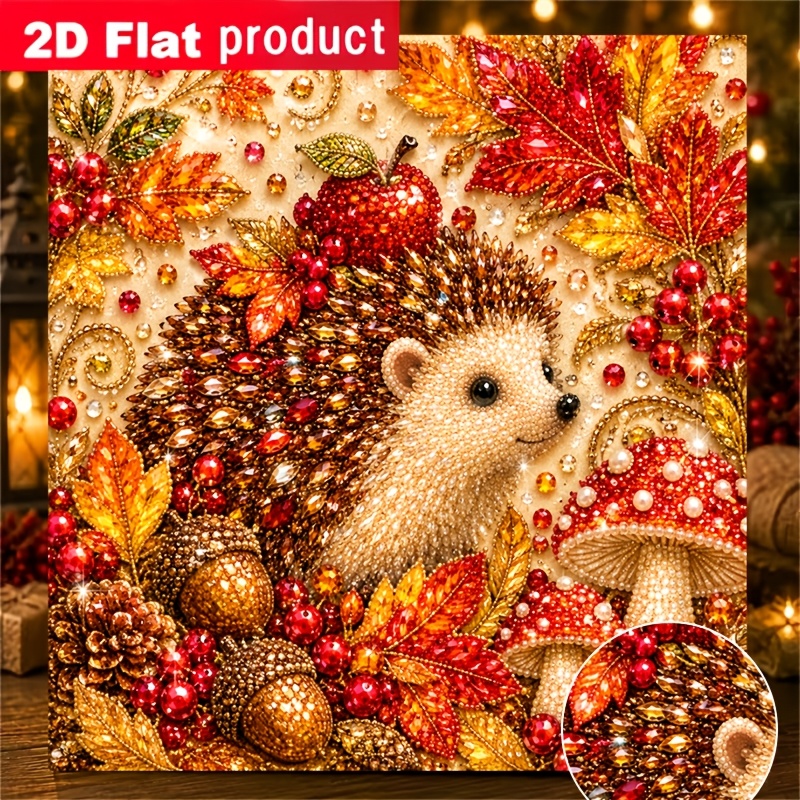 TEMU New Colored Pearl Diamond Painting Kit, Autumn Forest Hedgehog And Maple Leaf Mushroom Decorative Painting, Suitable For Beginners, For Home Or