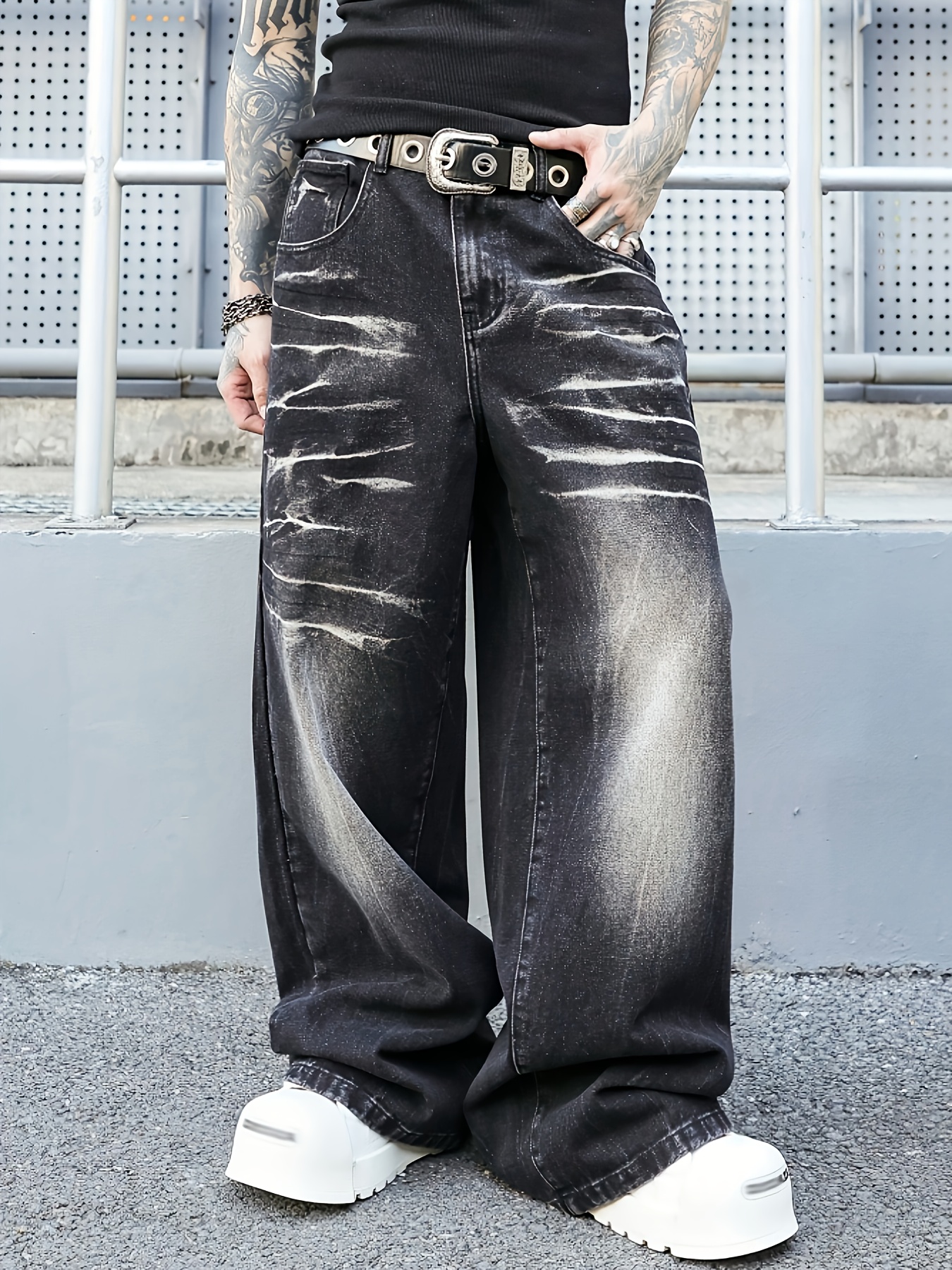 new mens black denim long pants featuring a loose - Temu South Africa