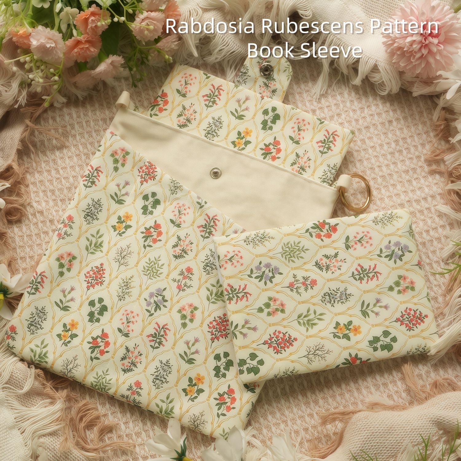 1pc rabdosia rubescens pattern floral canvas book sleeve vintage botanical print fabric notebook pouch snap button closure protective journal cover for planner stationery and book storage