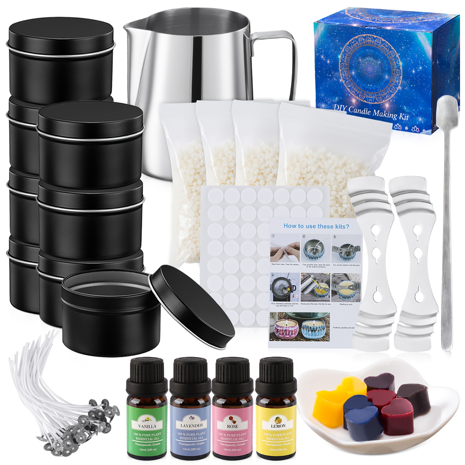 135-Piece DIY Candle Making Kit with Essential Oils, Soy and Beeswax Options, Includes Stirring Spoon, Measuring Cup, Storage Jar, Colored W
