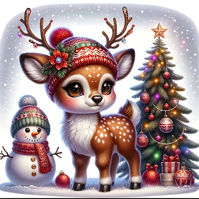

5d Diy Christmas Diamond Painting Kit For Adults, Cartoon Reindeer & Snowman Acrylic Round Full Drill, Diamond Art Wall Decor Gift