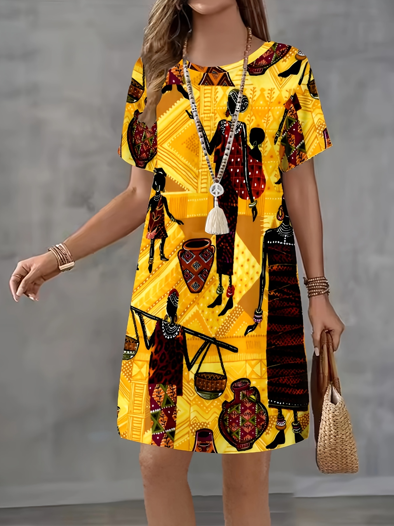womens african tribal print dress short sleeve round neck Temu