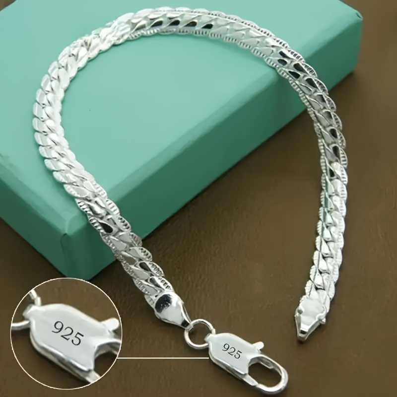 

1 Piece Unisex 925 Sterling Silver Flat Chain Bracelet 6mm - Elegant Silver-plated Jewelry For Casual To Formal Occasions