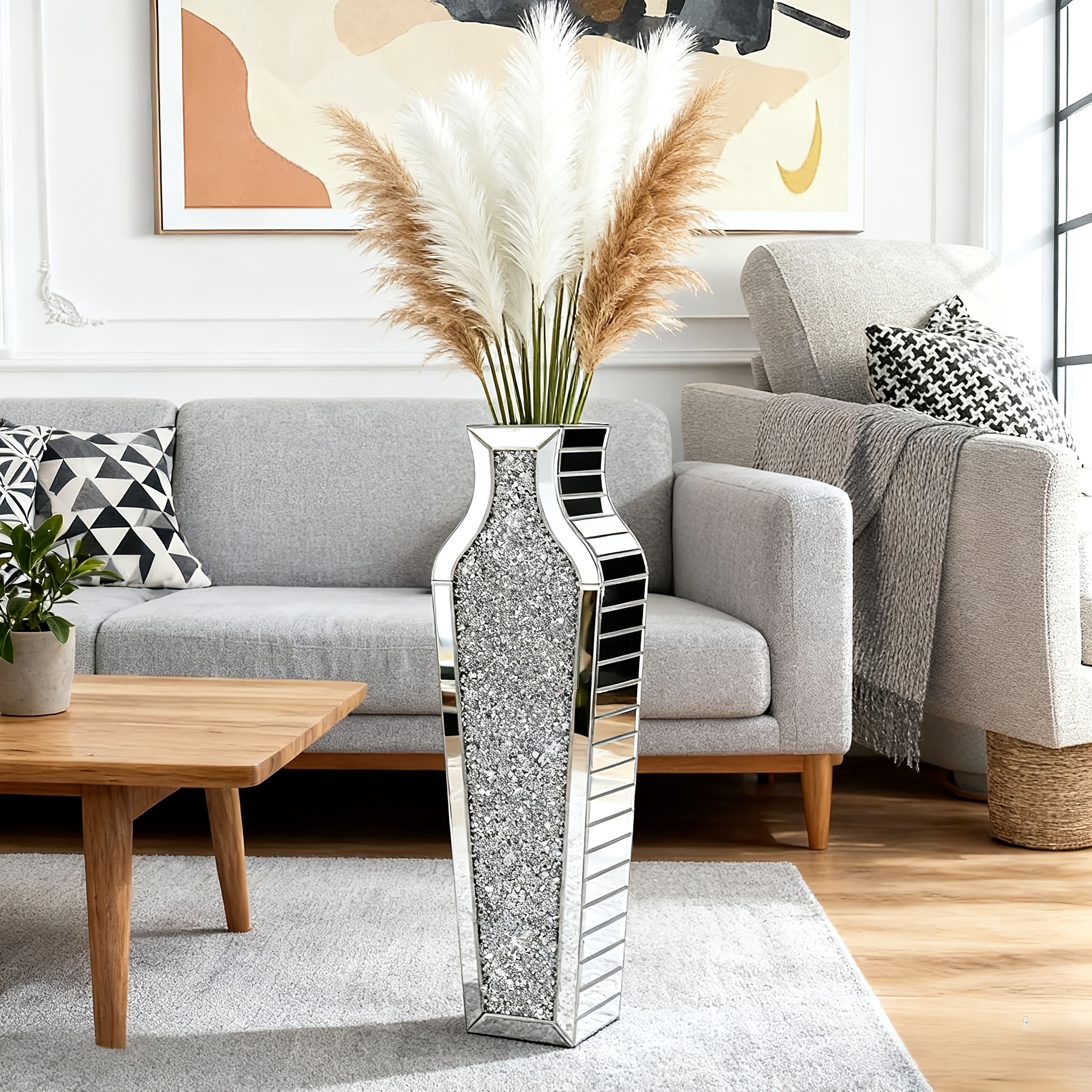 E-shop Moderner silberner Kristall-Bodenvasen für Blumen, 68,5 cm hohe Diamant-Vase im Spiegelstil für Pampasgras, Kunstblumen, Vasendekor für
