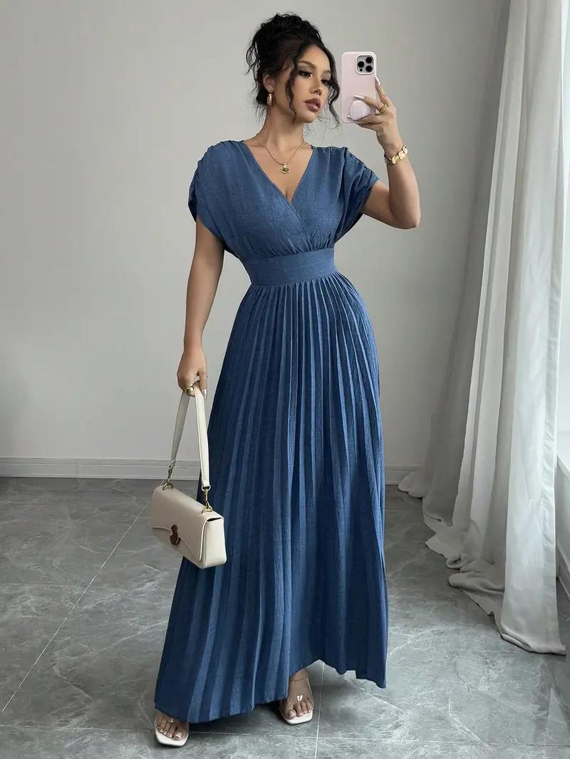 Blue Cross Front Waist-Tie Short Women'S Long Pleated Dress Blue Cross Front Waist-Tie Short Women'S Long Pleated Dress