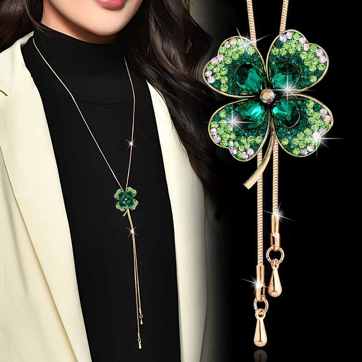 TEMU Fashionable High-end Light Luxury Sparkling Clover Sweater Chain Necklace Versatile Tassel Autumn Winter Clothing Accessory Pendant