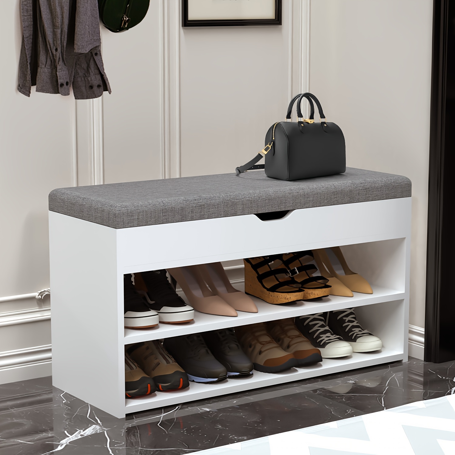 TEMU Shoe Storage Bench Shoe Rack With Seat - Padded Folding Cushion, Hallway Storage Unit With 2 Tiers, Grey, 80x30x44cm