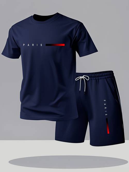 mens business casual t shirt shorts set breathable lightweight summer outfit with paris print solid color loose fit short sleeve round neck regular fit casual attire trendy mens wear lightweight fabric
