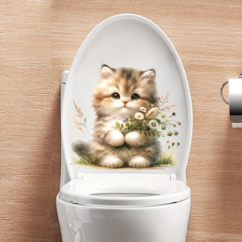 

1pc Cat & Flower Printed Toilet Lid Decal - Self-adhesive Waterproof Bathroom Decor, Animal Print Ceramic Toilet Tank Sticker With Semi- , Single Use Square Wall