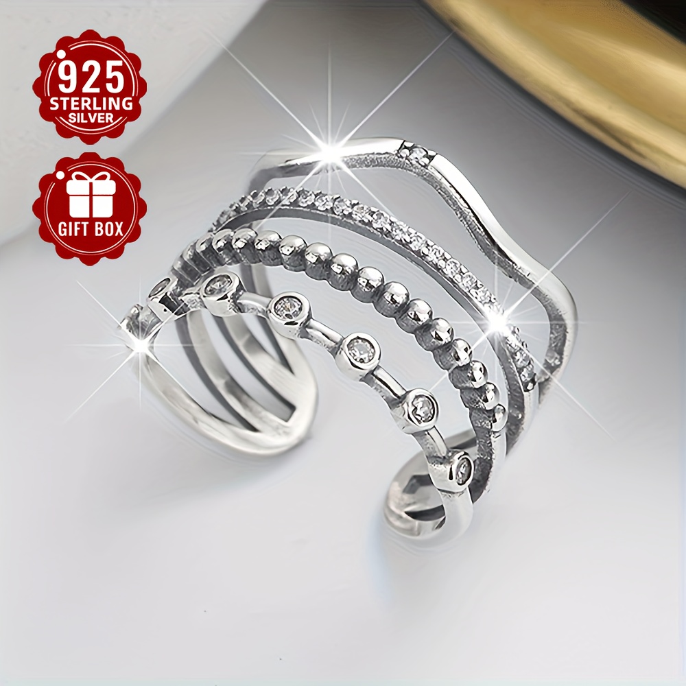 

Vigg 925 Sterling Silver Adjustable Ring For Women, Vintage Hip Hop Style, Stackable Bands With No Plating, Featuring Synthetic Cubic Zirconia - Ideal For & Parties