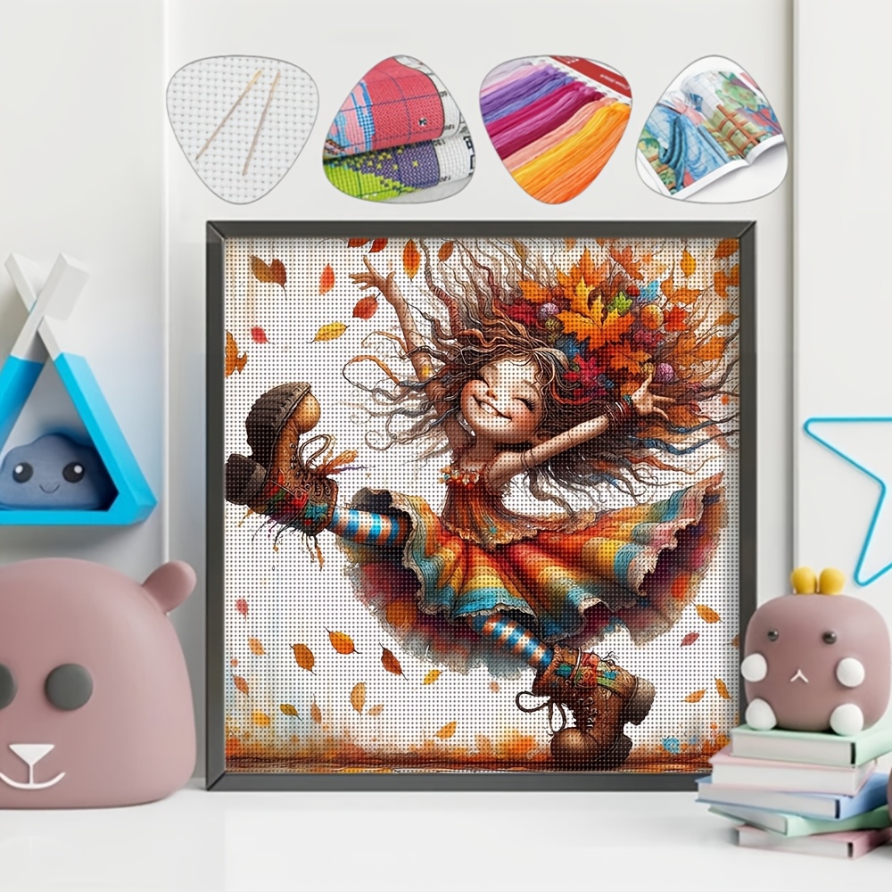 TEMU A Set Of Autumn-themed Girl Pattern Printed Cross- Kit, 11ct Precision Printing Technology (14.17 Inches ≈ 36cm), Embroidery Material Package