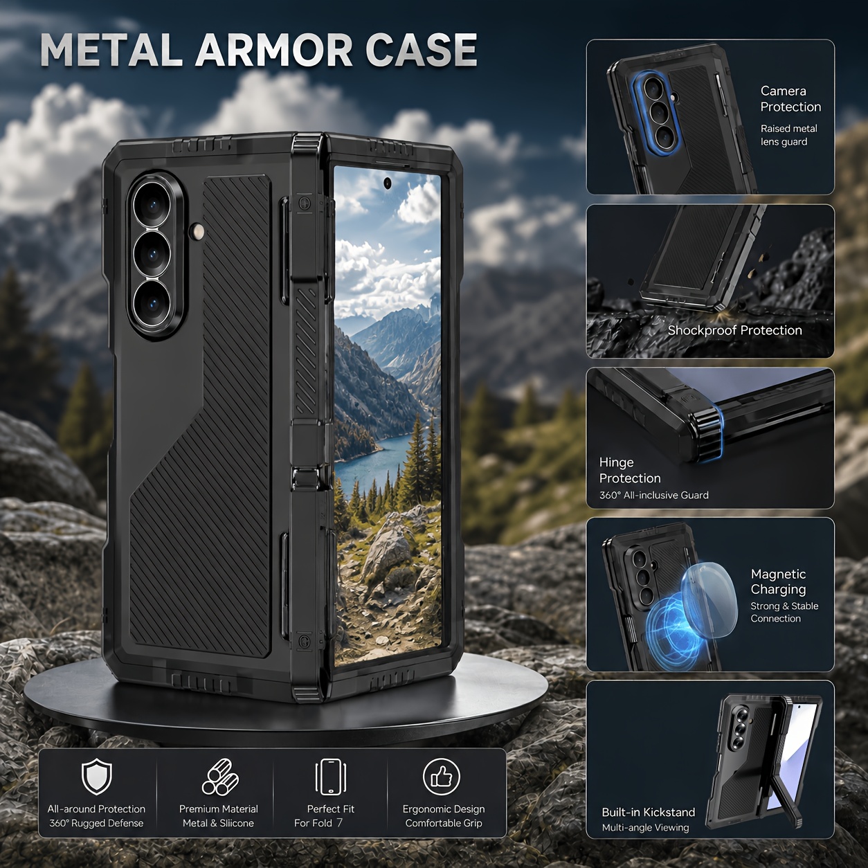 TEMU Phone Case: Heavy Duty Rugged Metal Phone Case For Galaxy Z Fold 8 Ultra, Integrated Front Screen Protector Film, Built In Hinge, Concealed
