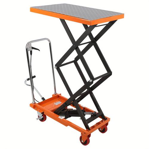 item picture manual hydraulic lift table cart with double scissor design 330 lbs load capacity 50 inch non slip pad 4 wheels for safe material handling orange metal construction by