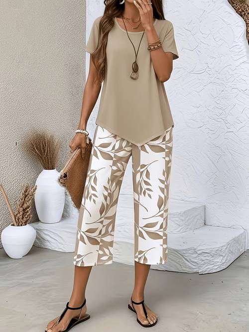 item picture womens 2pcs set summer elegant casual vacation short sleeve t shirt top and capri pants outfit