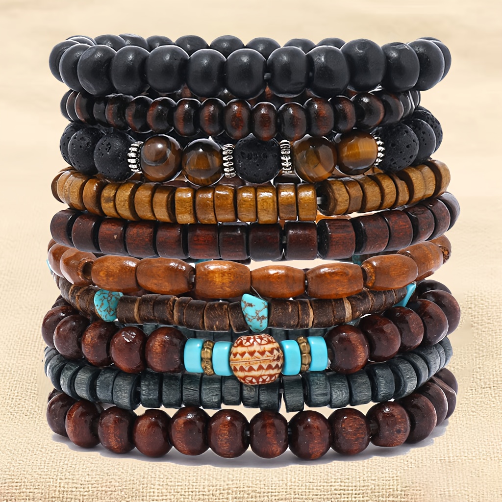 10 Peças Conjunto de Pulseirinhas Bohemian com Pedra  -de-Tigre - Conta Natural em Madeira e Ajustável, Joias Camadas Combinando  ,   & Charmes. Presente para Aniversário ( ) Homens/Mulheres. Uso   ou Ocasiões Especiais: DIA   Namorados / ANO  - . Ótimo Estilo Bohô! Acabamento Duradouro sem Banimento