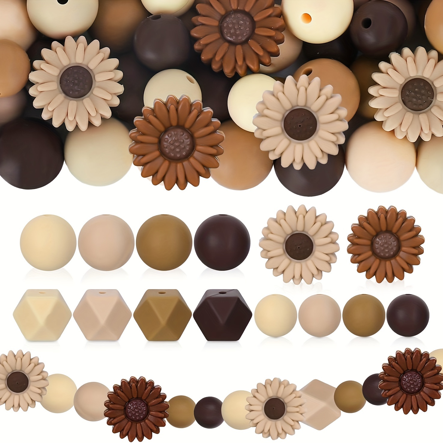 

100pcs Daisy Flower Silicone Beads With Elastic Rope Brown Round Hexagon Loose Spacer Beads For Diy Crafts Jewelry Necklaces Bracelets Keychain Making