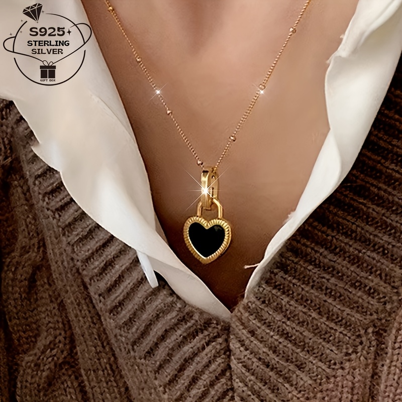 

1pc925 Silver Necklace For Women--anti-allergic - Double-sided Retro Light And Necklace For Women, Inlaid With Black Agate, And Black , Full Of Luxury, Suitable For