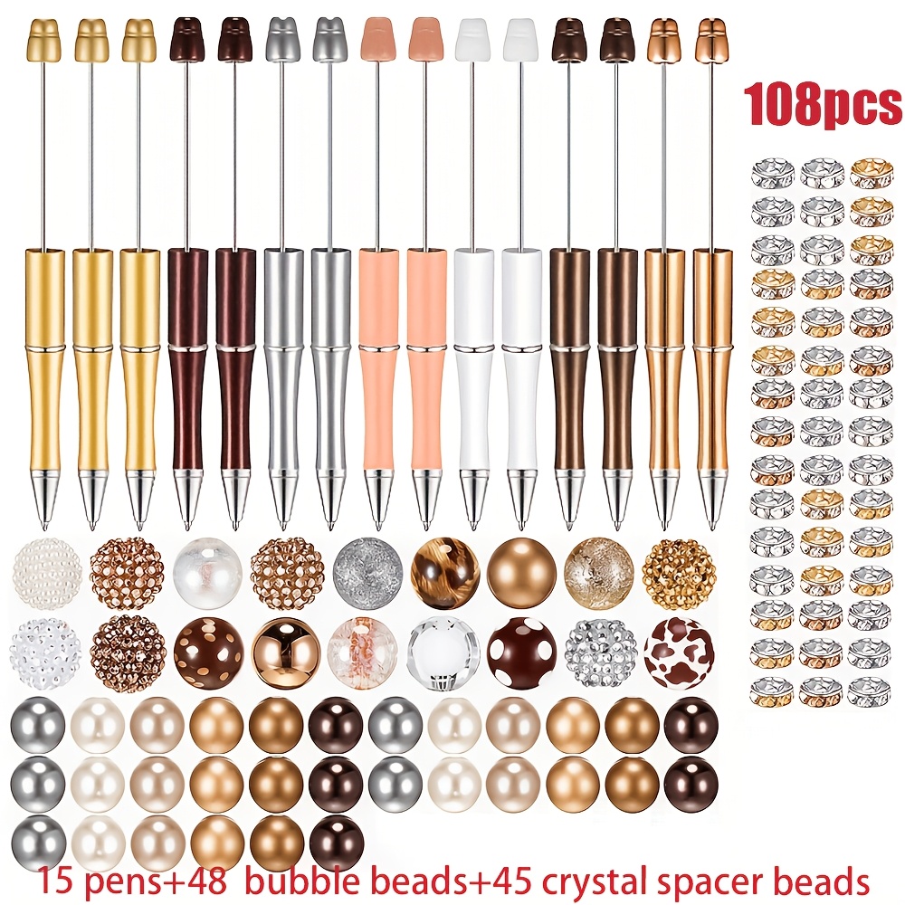 Image of 108pcs Beaded Pen Set (15pcs Plastic Ballpoint Pens And 48pcs Assorted Colored And 45pcs Crystal Spacer Beads) Black Ink Ballpoint Pen Beading Kit - Perfect As A Party Gift Or Office Supply