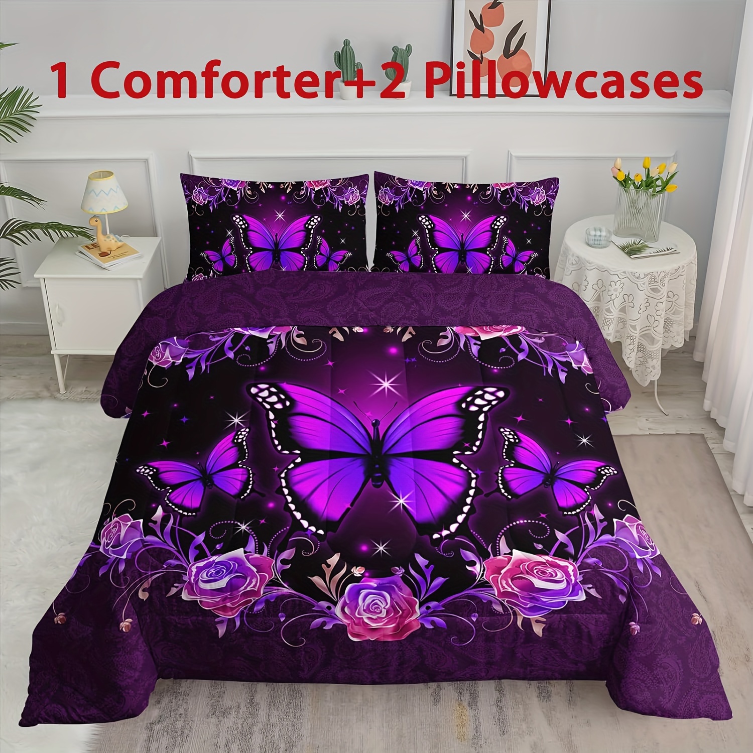 

3pcs Butterfly Comforter Set, Flowers Floral Print Bedding Set For Room Decor, Purple Comforter Set All Season, Including 1 Comforter 2 Pillowcases (without Core), Soft And Comfortable