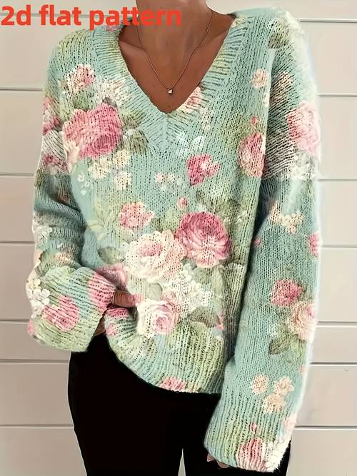 2d flat pattern autumn new versatile pullover v neck long sleeve womens top with floral pattern flat trendy womens sweater