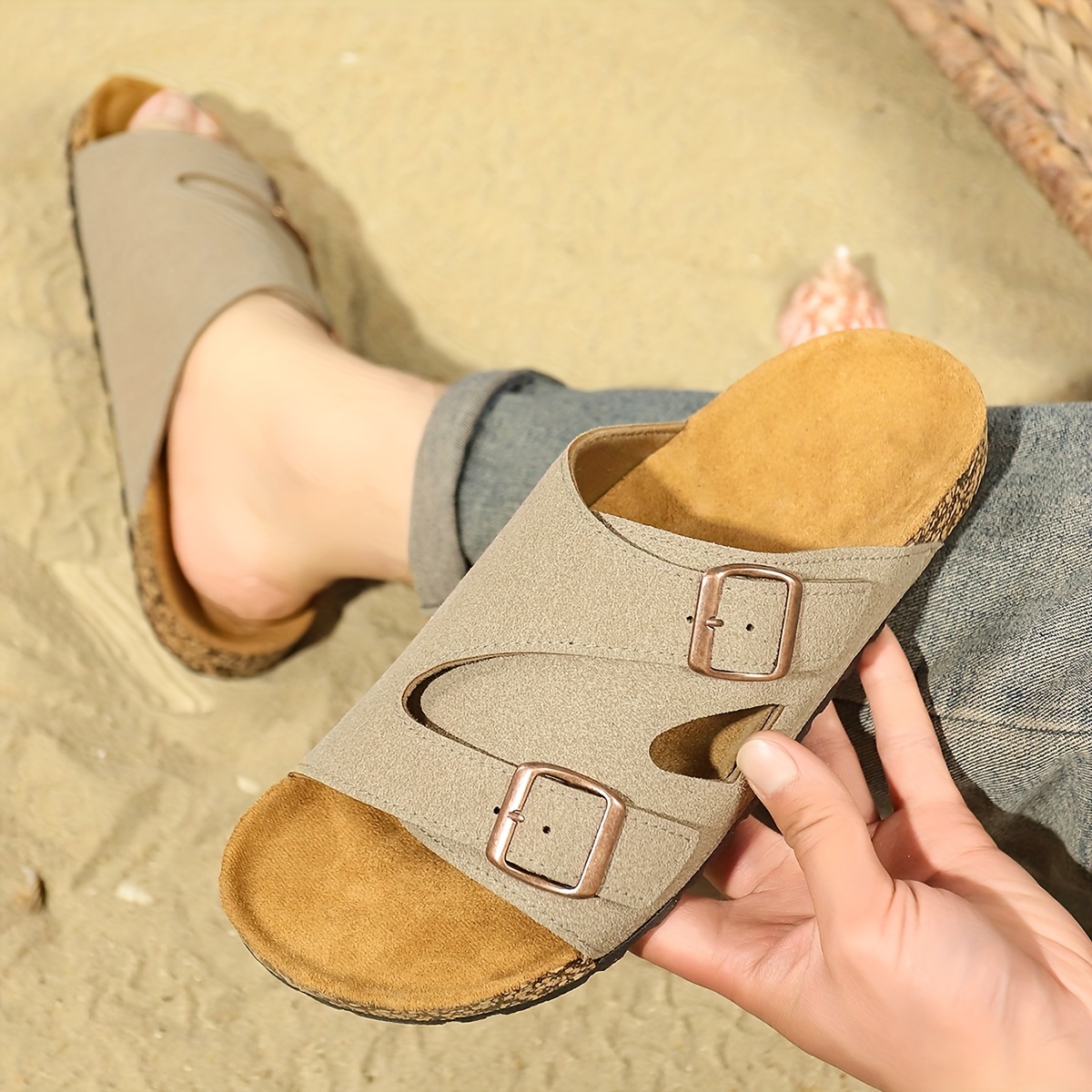 mens adjustable double   slide sandals casual beige upper with brown sole non slip durable for indoor outdoor use details 1