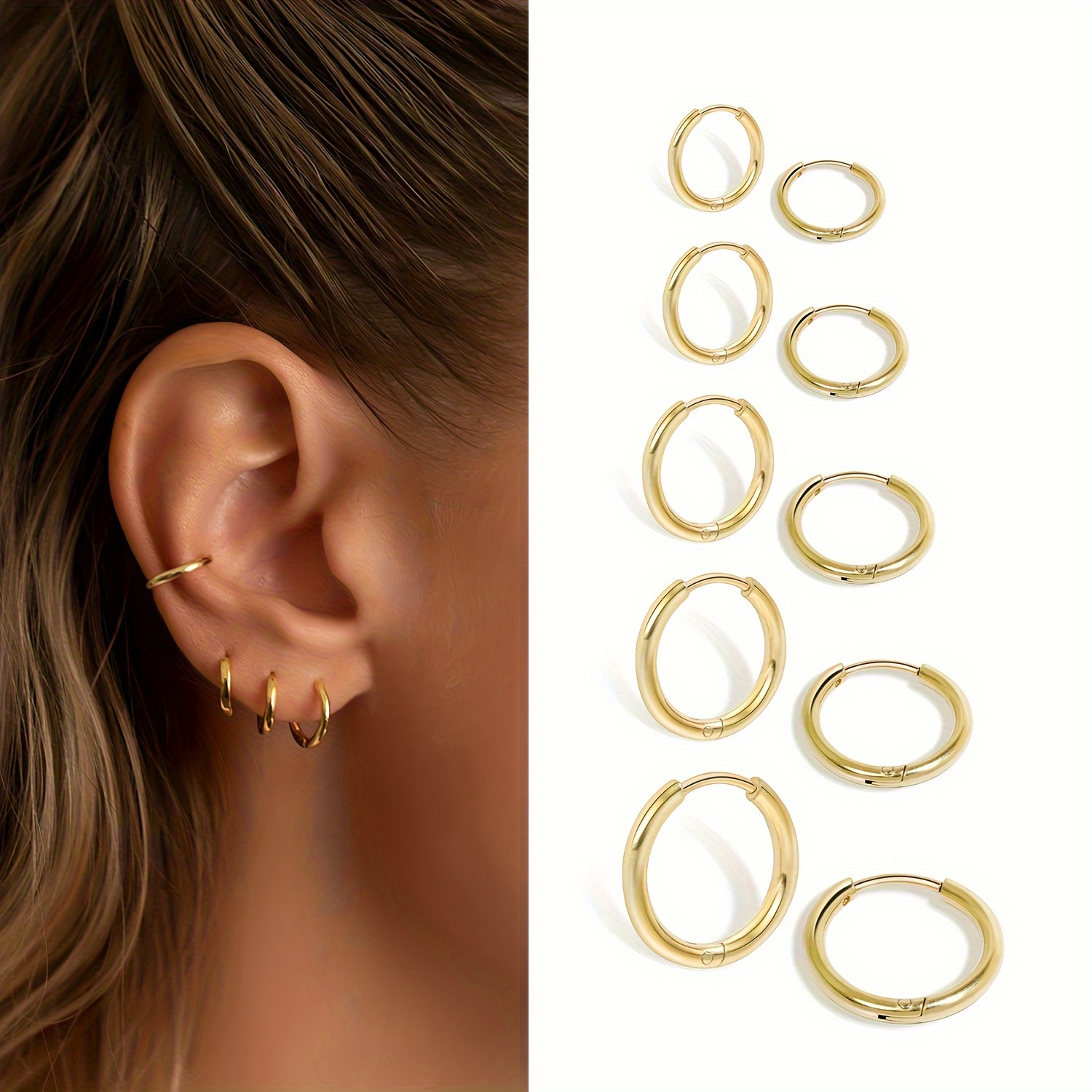 

5 Pairs Of Mini Small Gold Ring Earrings Lightweight: Hinged Ring Earrings, Suitable For Earlobe And Earlobe, Gold Plated Silvery Black Earrings, Suitable For Men, Women And Girls