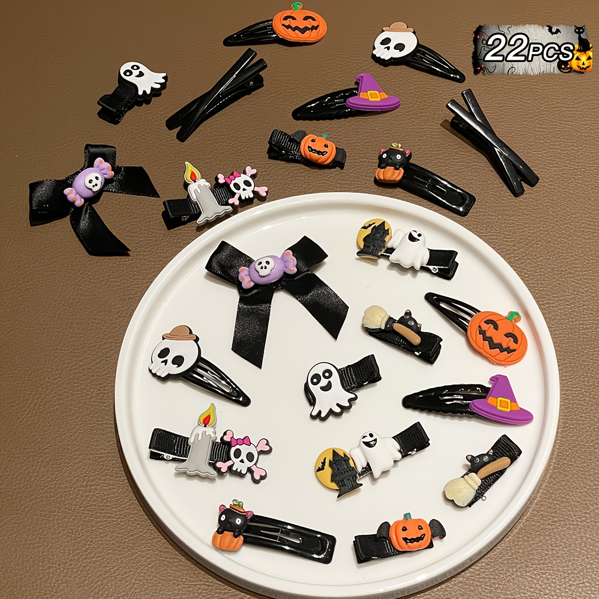 TEMU Ensemble de 22 pinces à cheveux d'Halloween, pinces à cheveux citrouille crâne, accessoires de cheveux style effrayant pour femmes, Halloween,
