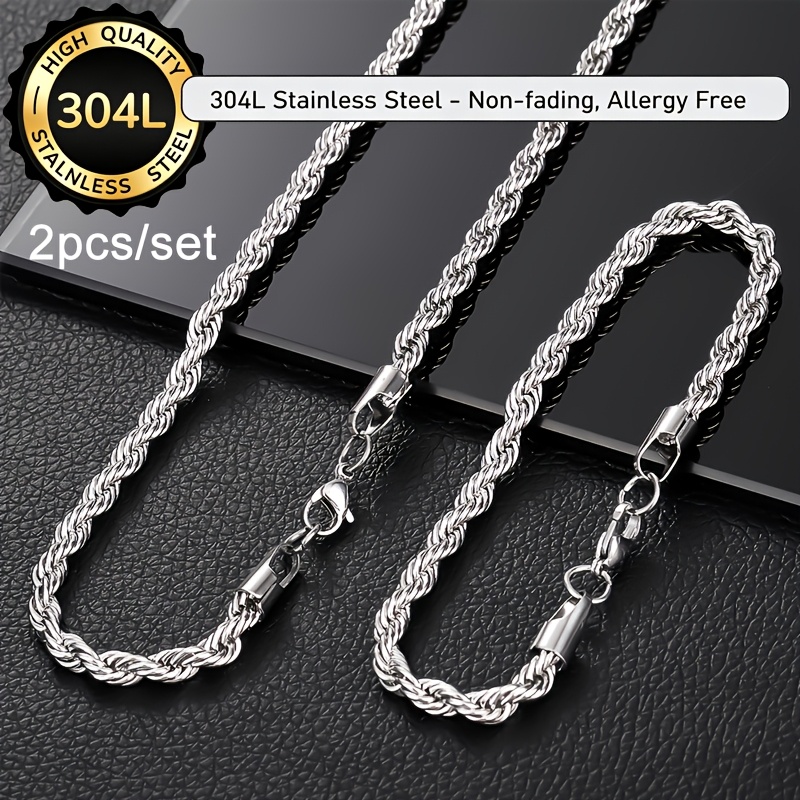 TEMU Set pezzi da ipoallergenico in acciaio inossidabile 304 304, collana e bracciale con catena intrecciata - Gioielli unisex resistenti e
