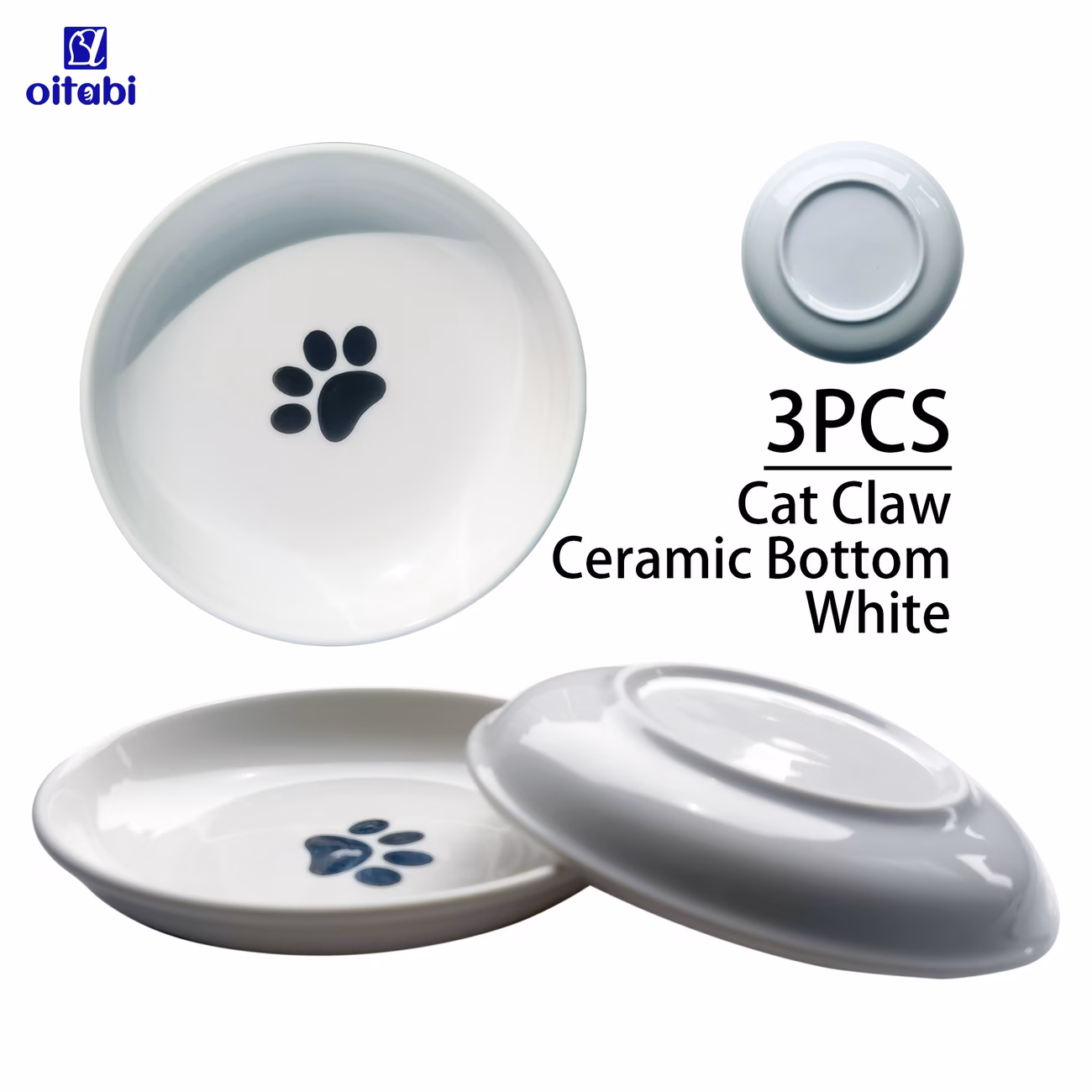oitabi 3pcs ceramic cat food water bowls set non slip elevated compatible wide shallow bowls for indoor cats dishwasher anti whisker dishes with water paw print plate quiet feeding system Product details 5